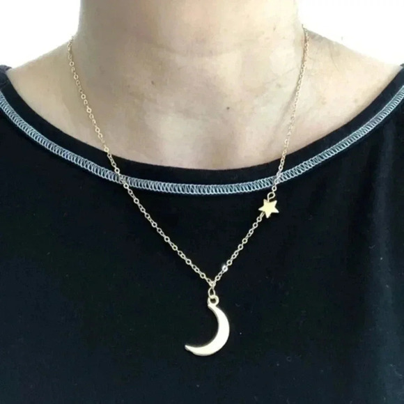 Double Layer Moon & Star Pendant Gold Fashion Statement Long Necklace NWT - Picture 1 of 3